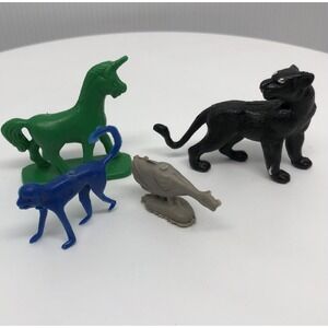 Vintage Plastic Animal Figures Black Panther, Unicorn, Goose, Blue Monkey‎